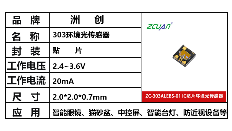 貼片環(huán)境光傳感器，ZC-303ALEBS-01，數(shù)字環(huán)境光傳感器，貼片光感
